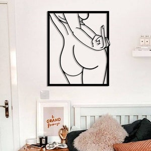 Woman Middle Finger Line Art, Funny Bathroom Art,Female Body Line Art Metal, Teen Girl Room Decor, Bathroom Wall Decor Funny Framed,