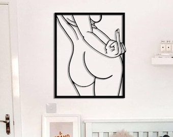 Woman Middle Finger Line Art, Funny Bathroom Art,Female Body Line Art Metal, Teen Girl Room Decor, Bathroom Wall Decor Funny Framed,