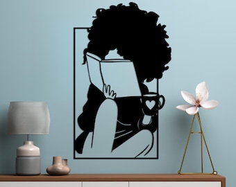 Bookish Black Woman With Coffee Wall Art, Bookworm Decor For Black Woman