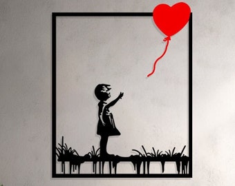 Arte della parete di Banksy, ragazza di Banksy con decorazioni murali in metallo a palloncino, arte della parete urbana, soggiorno dell'arte della parete, arte di strada dei graffiti, arte della libertà, Metopedia