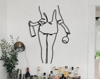 Wine lover bar decor gift, Wine Drinker Metal Artwork, Kitchen Wall Art, Modern Abstract Female Single Line Art, Wine Lover Gift , Cheers