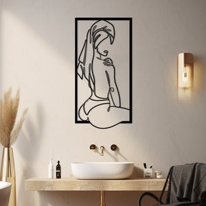 Female Portrait Bath,Bathroom Wall Art,Woman in Towel Line Art,Minimalist Bathroom Art,Gift For Her,Relax Decor,Metal Artwork,Metopedia