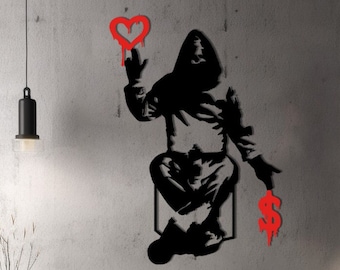 Banksy Love Over Money, Iconic Street Art, Metal Banksy art, Urban wall art, Freedom art, Love Or Money Banksy Boy Artwork, Banksy figurine