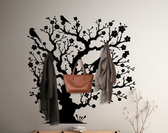 Extra Large Coat Rack, Birds on Cherry Blossom Branch, Functional Wall Art, Tree Metal Wall Hanger, Wall Mounted Coat Rack, Modern Coat Rack