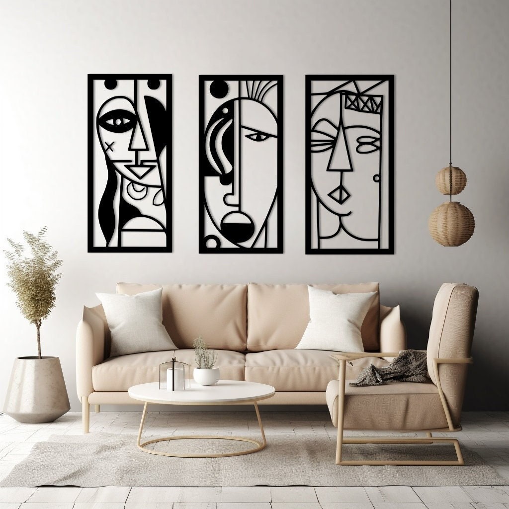 Pablo Picasso Style, Boho Wall Art, Set of 3 Framed Metal Sculpture, Abstract Faces Metal Artwork, Absurd Expressions , Unique Surrealism