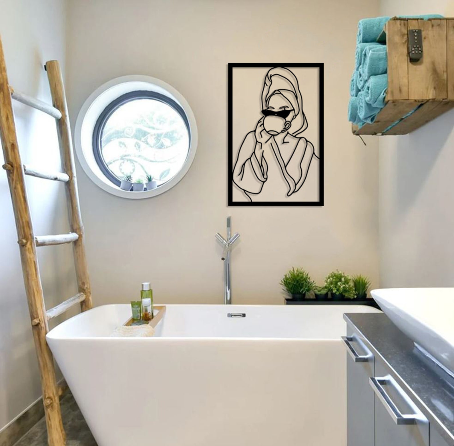 Cool Woman Portrait Bath,bathroom Wall Art,woman in Towel Line Art ...