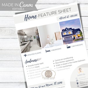 May include: A white and gray real estate feature sheet with a photo of a house, a kitchen, and a bedroom. The sheet lists features of the home, including updated floors, an ensuite master bath, a kitchen island, stainless steel appliances, central air conditioning, new kitchen appliances, a walk-in closet, granite countertops, and hardwood floors. The sheet also includes the address, 1234 sw 57 ave Miami, Fl 33190, and contact information for Isabella Ruiz.