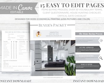 May include: A printable buyer's packet for real estate transactions. The packet includes a checklist for house hunting, a home buying process guide, and contact information for a real estate agent. The packet is designed for economical printing with less pictures and color.