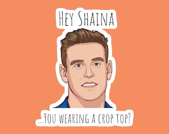 May include: A sticker with a cartoon illustration of a man's face with the text "Hey Shaina... You wearing a crop top?"