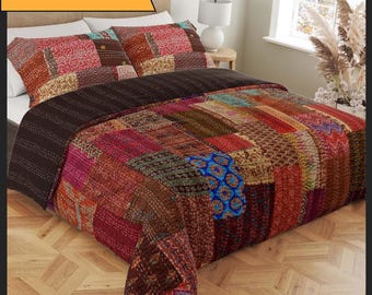 Handmade patchwork kantha quilt in Queen, King and Baby size with Kantha pillow covers