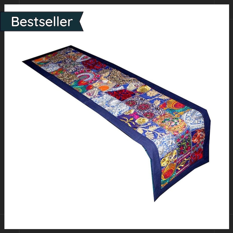 Patchwork table runner,Handmade table runner,Dining table runner,Home decor table runner,Vintage table runner,Blue table runner- Decorative image 1