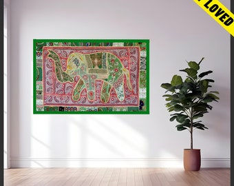 Tapeçaria de elefante com bordado pesado, feita à mão, patchwork, estilo boho, cabeceira de cama, tapeçaria de parede com fios de ouro (zari), peça de decoração para parede.