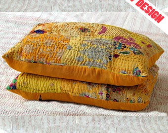 Kantha Pillow, Handmade pillow covers, Kantha pillow cover set, Kantha lumbar pillow cover (Set of 2 Pcs Yellow Silk Patchwork)