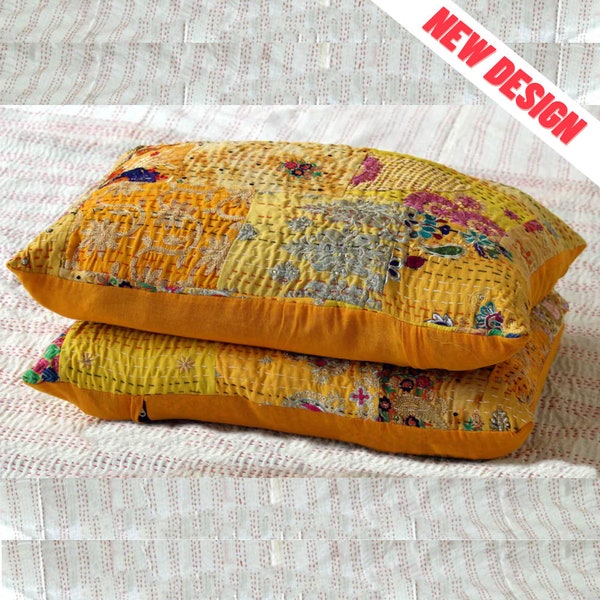 Kantha Pillow, Handmade pillow covers, Kantha pillow cover set, Kantha lumbar pillow cover (Set of 2 Pcs Yellow Silk Patchwork)