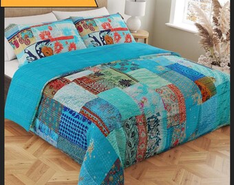 Handmade patchwork kantha quilt in Queen, King and Baby size with Kantha pillow covers