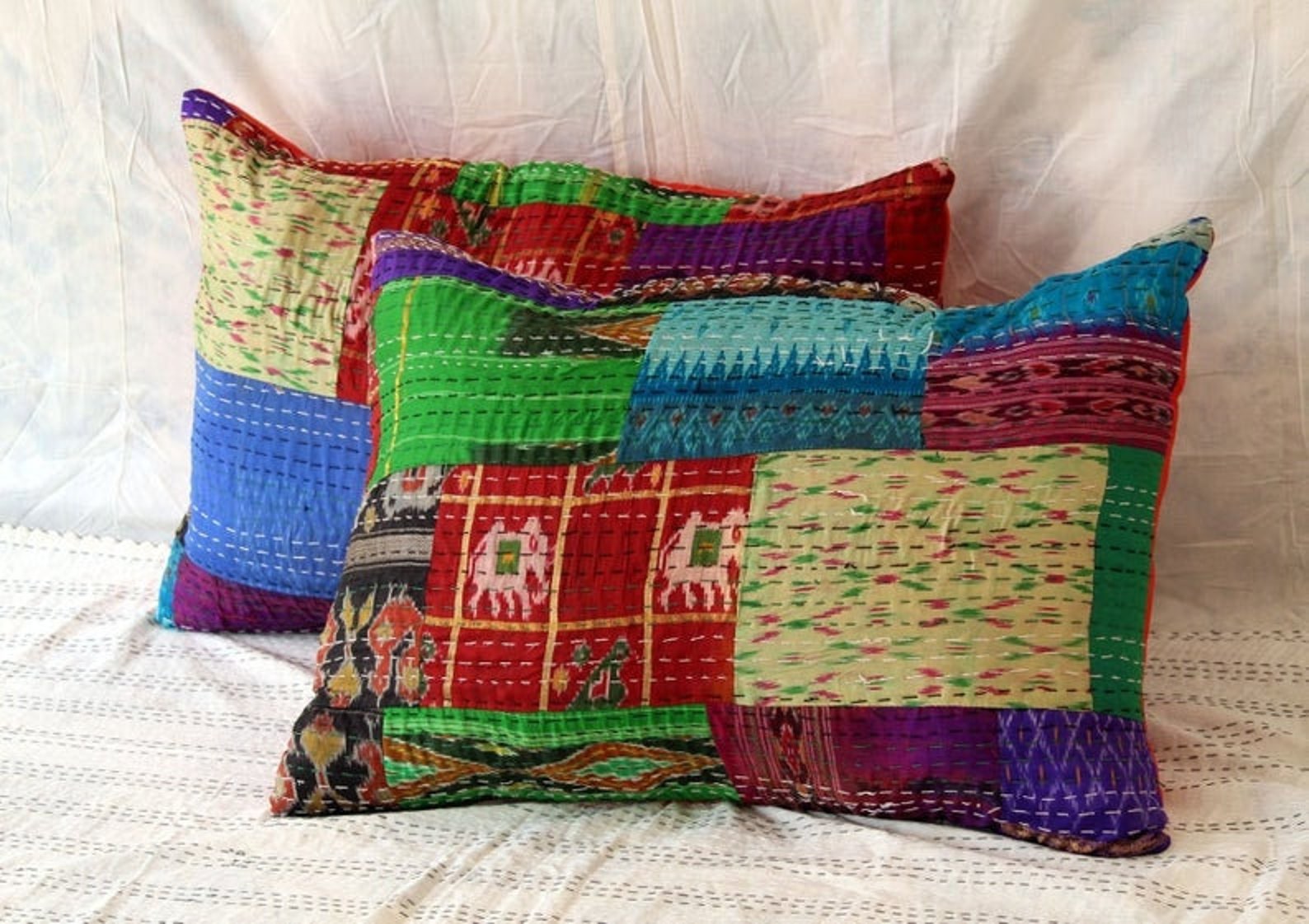 Cotton Velvet Tree Shaped Pillow w/ Hand-Embroidered Kantha Stitch