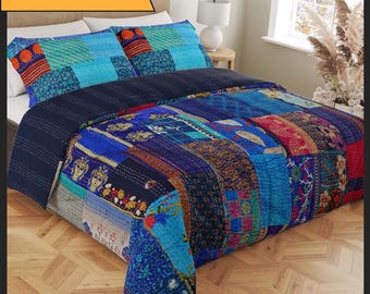 Handmade patchwork kantha quilt in Queen, King and Baby size with Kantha pillow covers