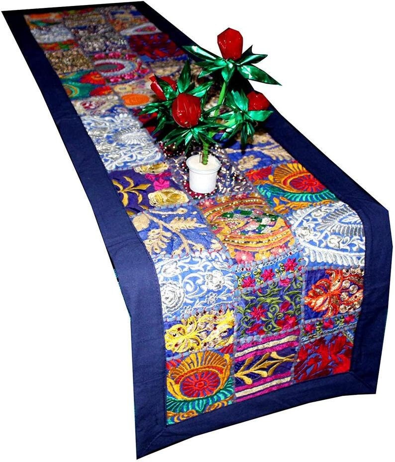 Patchwork table runner,Handmade table runner,Dining table runner,Home decor table runner,Vintage table runner,Blue table runner- Decorative image 6