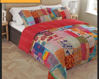 Handmade patchwork kantha quilt in Queen, King and Baby size with Kantha pillow covers