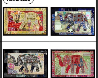 Tapeçaria de elefante com bordado pesado, feita à mão, patchwork, estilo boho, cabeceira de cama, tapeçaria de parede com fios de ouro (zari), peça de decoração para parede.