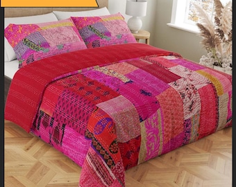 Handmade patchwork kantha quilt in Queen, King and Baby size with Kantha pillow covers