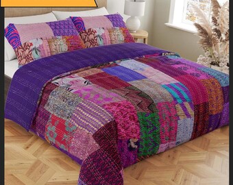 Handmade patchwork kantha quilt in Queen, King and Baby size with Kantha pillow covers