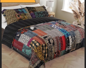 Handmade patchwork kantha quilt in Queen, King and Baby size with Kantha pillow covers