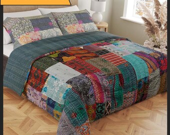 Handmade patchwork kantha quilt in Queen, King and Baby size with Kantha pillow covers