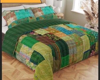 Handmade patchwork kantha quilt in Queen, King and Baby size with Kantha pillow covers