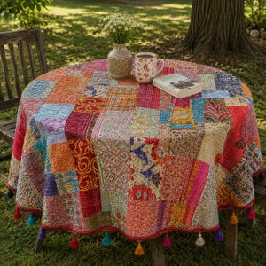May include: A round tablecloth featuring a vibrant patchwork design of various colorful fabric squares with intricate stitching. The edges are finished with small, multi-colored tassels hanging from the perimeter of the circular textile.