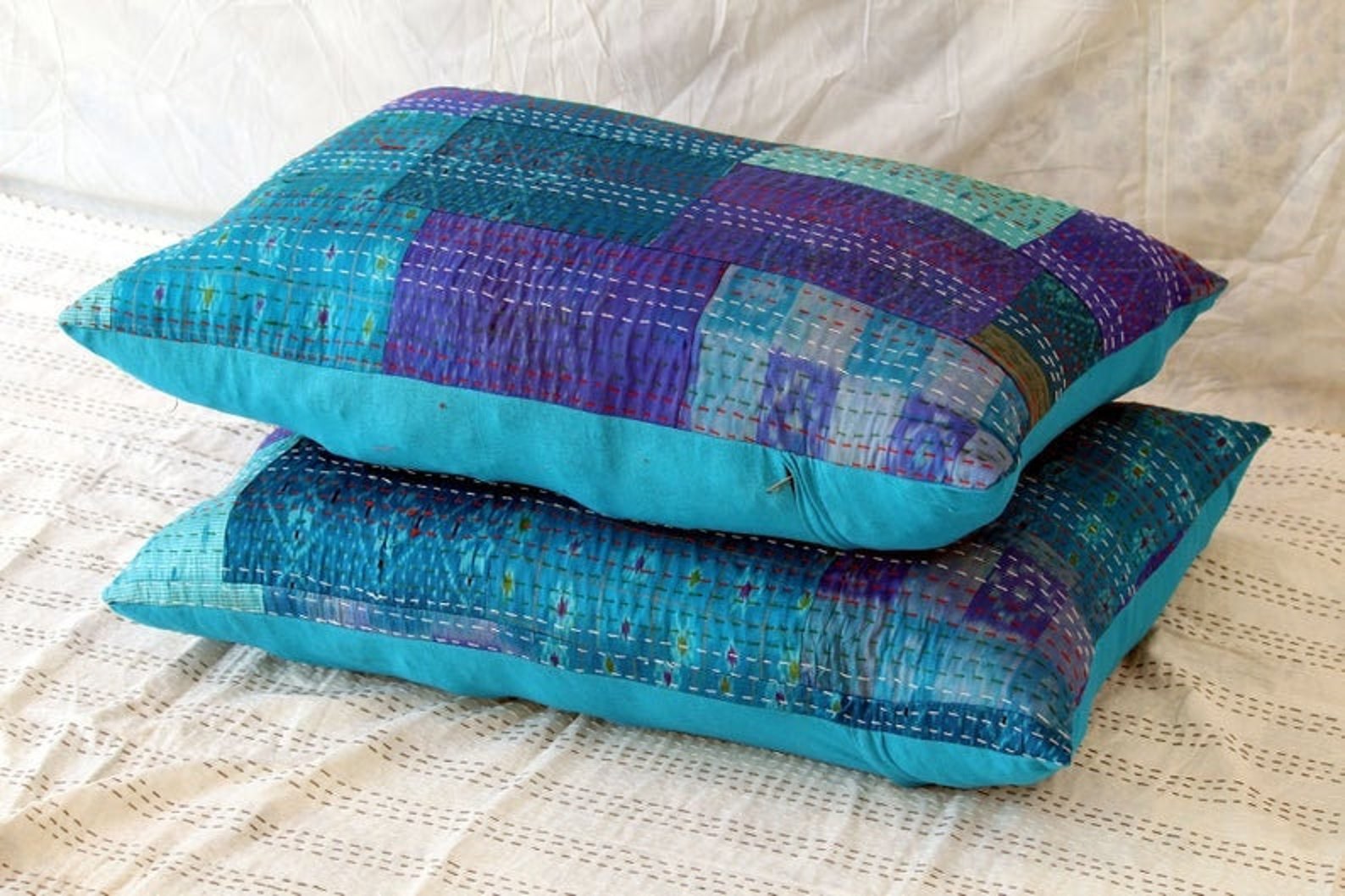 Blue - Set of 2 Kantha Stitch Cotton Pillow Covers 23