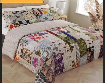Handmade patchwork kantha quilt in Queen, King and Baby size with Kantha pillow covers