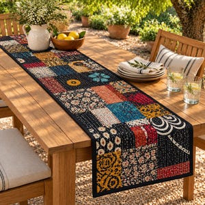 Cotton Kantha Table Runner, Patchwork Indian Boho Table Decor