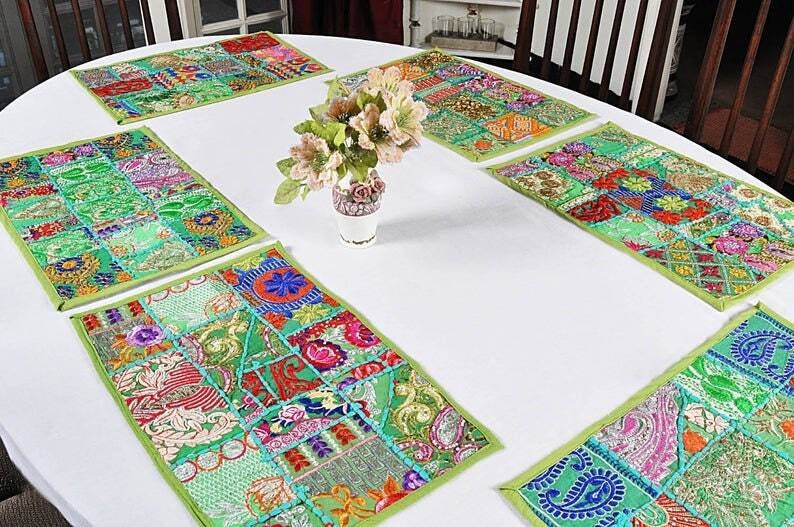 Patchwork Table Mat,table Mats Set,table Mats Green,patchwork Placemats