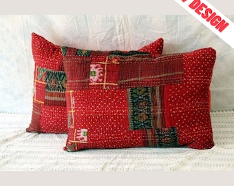 Kantha Cushion Cover, Traditional Pillow Cover, Quilt Pillow Sham, Lumber Pillow Cover for Reading Support, Patio, Daybed, Bench and Outdoor
