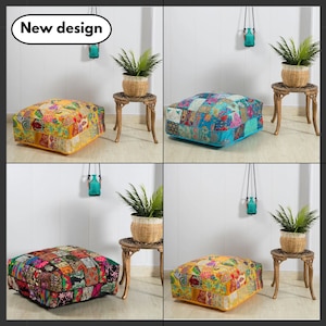 Könnte beinhalten: Vier quadratische Patchwork-Ottomane in verschiedenen Farben, darunter gelbe, blaue und mehrfarbige Designs. Jede Ottomane hat ein einzigartiges Patchworkmuster. Der Text "New design" befindet sich in einem weißen Oval oben links.