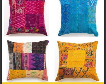 Capa de almofada de seda, almofada Kantha, almofada patchwork, almofada decorativa, almofada bordada, almofada quadrada, almofada feita à mão para sofá e decoração.
