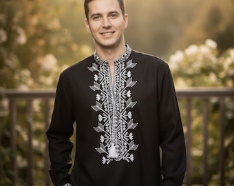 Ukrainian Men’s Embroidered Shirt | Black Folk Vyshyvanka | White Geometric Stitch | Custom Made XS–4XL | Handmade Gift for Him