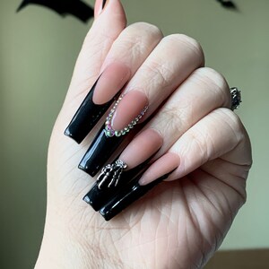 Blinged Edgy Black French Tip Press On Nails