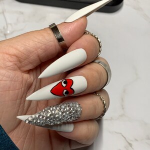 White Bling Heart Press On Nails