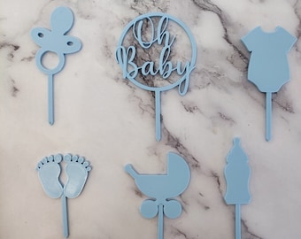 Baby Shower, gender reveal cupcake toppers baby boy blue - Set of 6