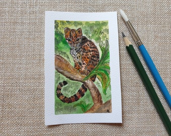 Wilde kat miniatuur aquarel schilderij ~ mini kunstwerk 8x12 cm ~ Handgemaakt ~ Kleine poppenhuiskunst op papier ~ Wanddecoratie ~ Cadeau idee