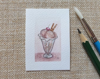 Ice cream miniature watercolor painting ~ mini artwork 5x7 cm ~ Handmade ~ Tiny dollhouse art on paper ~ Wall decoration ~ Gift idea