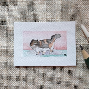 Mini watercolor cat painting 5x7 cm ~ Aquarelle cat art on paper ~ Small animal wall decor ~ Cute cat wall art gift ~ Miniature pet artwork