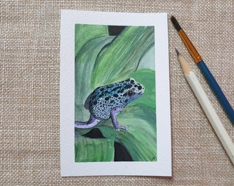 Poison dart frog miniature watercolor painting ~ mini artwork 8x12 cm ~ Handmade ~ Tiny dollhouse art on paper ~ Wall decoration ~ Gift idea