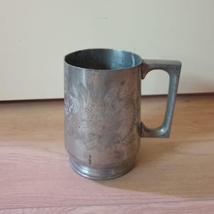 Vintage glass pewter beer mug with engraved dragon ~ Antique beer mug ~ Historical Charm