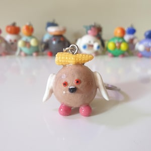 Cute pigeon keychain with corn ~ Handmade bird charm ~ Kawaii animal accessory ~ Clay keyring gift ~ Brown pigeon figurine