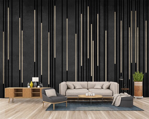 Black Background Yellow Lines 3d Digital Print Wallpaper Wall Etsy Uk