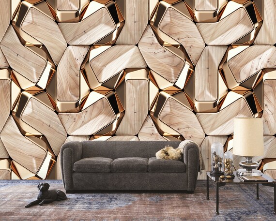 Wood Design Wallpaper With Gold Decor. High Quality Wall - Etsy Finland Wood Design Wallpaper With Gold Decor. High Quality Wall - Etsy Finland