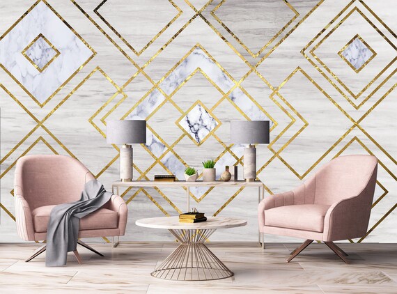 Marble Background Luxury Wallpaper With Gold Lines 3d Etsy